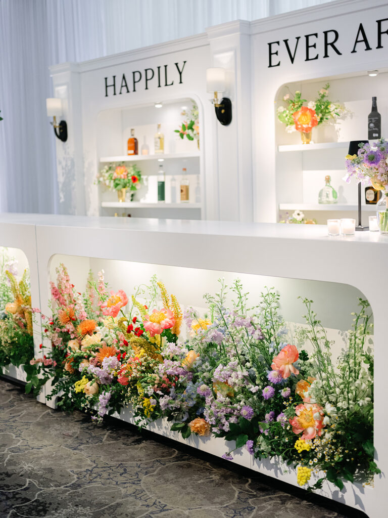 Happily Ever After Wedding with amazing custom bar and wildflowers at Leu Gardens